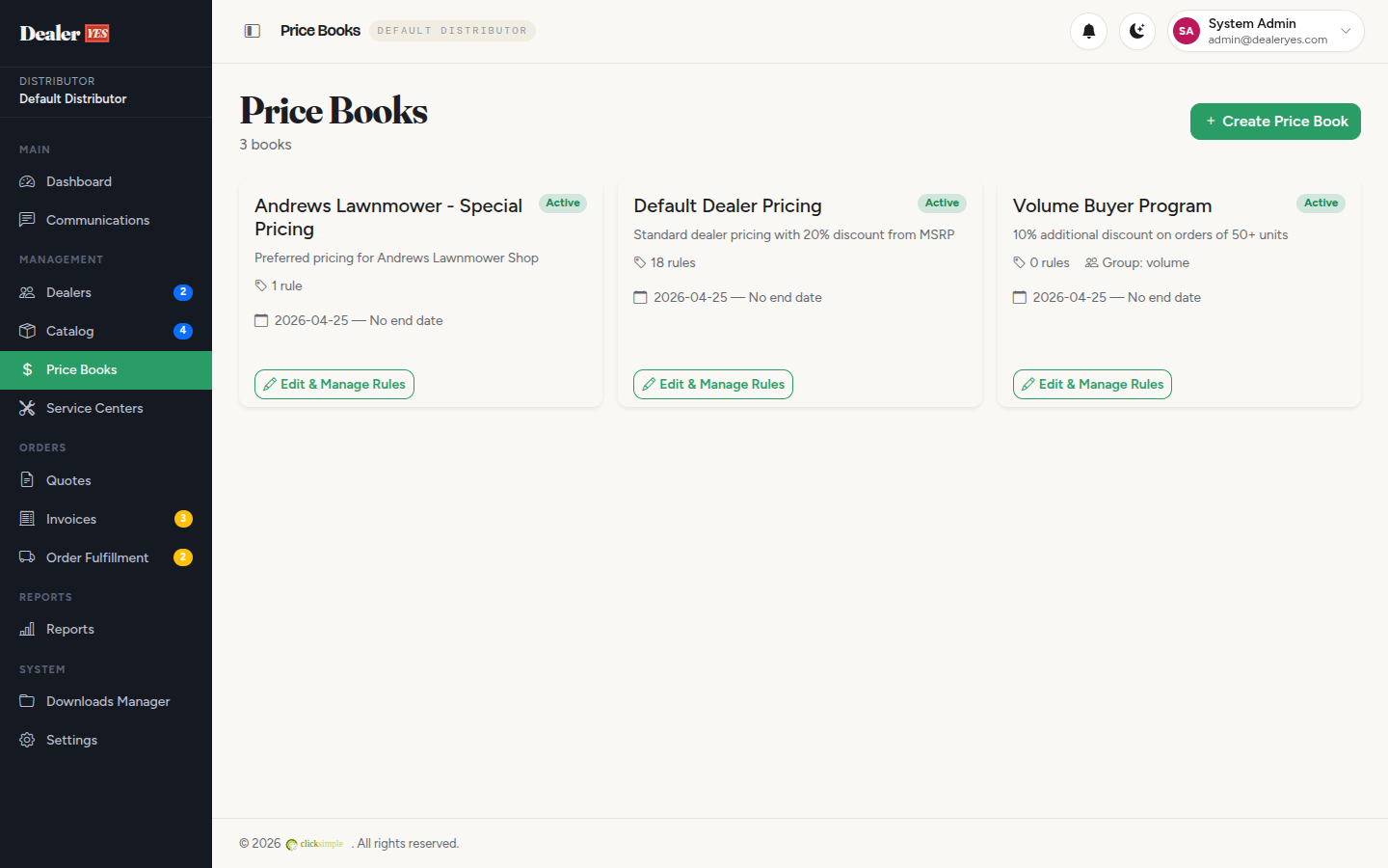 Dealer Yes price book — tiered dealer pricing rules